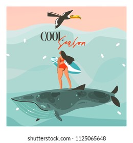 Hand drawn vector abstract cartoon summer time graphic illustrations template cards with surfing girl,toucan bird on blue waves and modern typography Cool Season isolated on pink sunset background