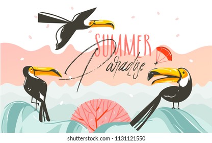 Hand drawn vector abstract cartoon summer time graphic illustrations art with beach sunset scene and tropical toucan birds with Summer Parsdise typography text isolated on white background