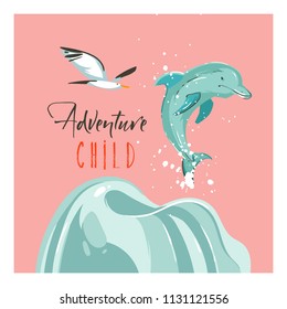 Hand drawn vector abstract cartoon summer time graphic illustrations template cards with sunset,sea gull birds,dolphin and Adventure Child typography text on beach isolated on pink pastel background