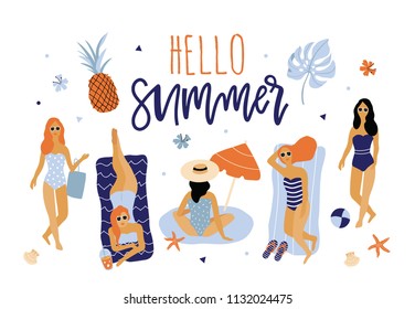 Hand drawn vector abstract cartoon graphic illustrations poster with girl, pineapple, palm leaves and Hello Summer quote.