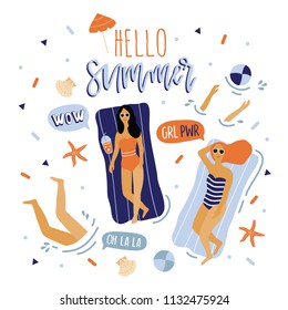 Hand drawn vector abstract cartoon graphic illustrations poster with girl, pineapple, palm leaves and Hello Summer quote.