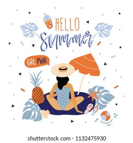Hand drawn vector abstract cartoon graphic illustrations poster with girl, pineapple, palm leaves and Hello Summer quote.