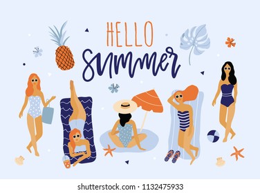 Hand drawn vector abstract cartoon graphic illustrations poster with girl, pineapple, palm leaves and Hello Summer quote.