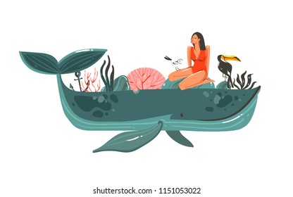 Hand drawn vector abstract cartoon summer time graphic marine illustrations art template background with blue ocean waves,big whale,corals and beauty mermaid girl isolated on white background