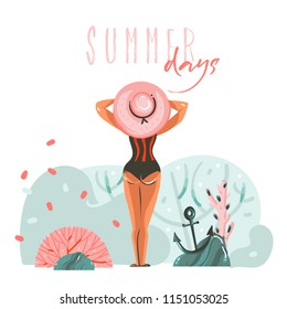Hand drawn vector abstract cartoon summer time graphic illustrations template cards with girl on beach scene and modern typography Summer days isolated on white background