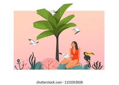 Hand drawn vector abstract cartoon summer time graphic illustration template card with girl,sunset,palm,tree,toucan birds on beach scene isolated on white background