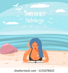 Hand Drawn Vector Abstract Cartoon Summer Time Graphic Illustration Art Template Background with a Girl, Relaxing on a Beach Scene with Summer Holidays Typography Quote