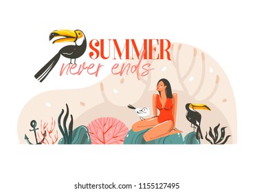 Hand drawn vector abstract cartoon summer time graphic illustration template card with girl,toucan birds on beach scene and modern typography Summer never ends isolated on white background
