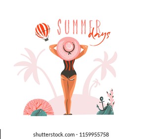 Hand drawn vector abstract cartoon summer time graphic illustrations template card with girl on beach scene and modern typography Summer days isolated on white background