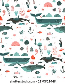 Hand drawn vector abstract cartoon graphic summer time underwater ocean bottom illustrations seamless pattern with coral reefs,beauty big whales,seaweeds isolated on white background