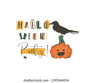 Hand drawn vector abstract cartoon Happy Halloween illustrations party poster with pumpkin and modern calligraphy isolated on white background