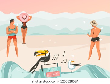 Hand drawn vector abstract cartoon summer time graphic illustrations art template background with ocean beach landscape,pink sunset,boys and girls on beach scene