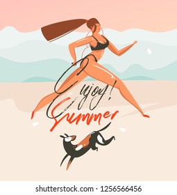 Hand drawn vector abstract cartoon summer time graphic illustrations art template background with ocean beach landscape,pink sunset,running girl and dog with Enjoy Summer typography text