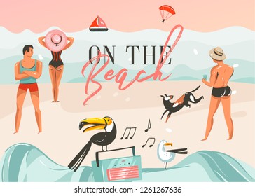 Hand drawn vector abstract cartoon summer time graphic illustrations art template background with ocean beach landscape,pink sunset,boys and girls and On The Beach typography text