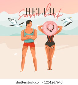Hand drawn vector abstract cartoon summer time graphic illustrations art template background with ocean beach landscape,pink sunset,people with Hello Summer Break typography text
