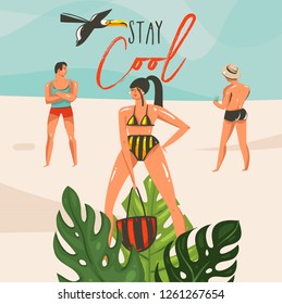 Hand drawn vector abstract cartoon summer time graphic illustrations art template background with ocean beach landscape,tropical leaves,people with Stay Cool typography text