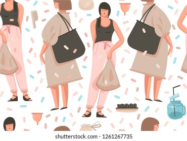 Hand drawn vector abstract cartoon graphic illustrations art seamless pattern with girls and zero wastle concept isolated on white background