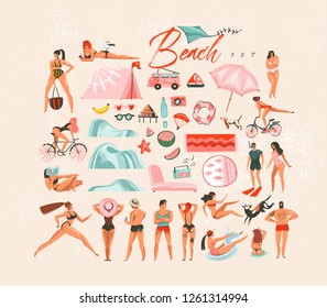 Hand drawn vector abstract cartoon summer time fun big fun decoration swimming people group collection illustrations set bundle scene creator isolated on white background