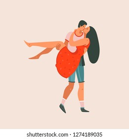 Hand drawn vector abstract cartoon modern graphic Happy Valentines day concept illustrations art card with kissing couple together isolated on pastel color background