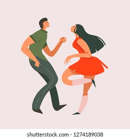 Hand drawn vector abstract cartoon modern graphic Happy Valentines day concept illustrations art card with dancing couple together isolated on pastel color background