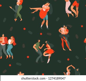 Hand drawn vector abstract cartoon modern graphic Happy Valentines day concept illustrations art seamless pattern with dancing couples people together isolated on black color background