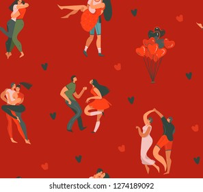 Hand drawn vector abstract cartoon modern graphic Happy Valentines day concept illustrations art seamless pattern with dancing couples people together and hearts isolated on red color background