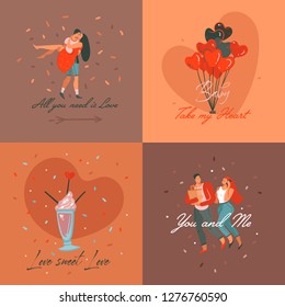 Hand drawn vector abstract cartoon modern graphic Happy Valentines day concept illustrations art cards and posters collection set with dancing couples people together isolated on colored background