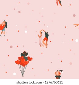 Hand drawn vector abstract cartoon modern graphic Happy Valentines day concept illustrations art seamless pattern with dancing couples people together isolated on pink pastel color background