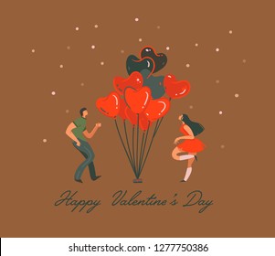 Hand drawn vector abstract cartoon modern graphic Happy Valentines day concept illustrations art card with dancing couples people together,hearts hot air baloons isolated on black background