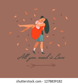 Hand drawn vector abstract cartoon modern graphic Happy Valentines day concept illustrations card with couples people together and All you need is Love text isolated on color background