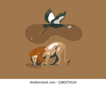 Hand drawn vector abstract cartoon modern graphic African Safari Nature concept collage illustrations art card with lion,Crane bird and tropical palm leaves isolated on pastel color background