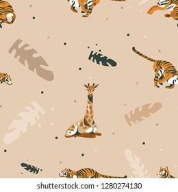 Hand drawn vector abstract cartoon modern graphic African Safari Nature illustrations art collage seamless pattern with giraffe and tigers animals,tropical palm leaves isolated on color background