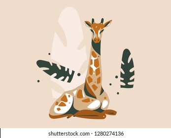 Hand drawn vector abstract cartoon modern graphic African Safari Nature concept illustrations art card with giraffe animal and tropical palm leaves isolated on pastel color background