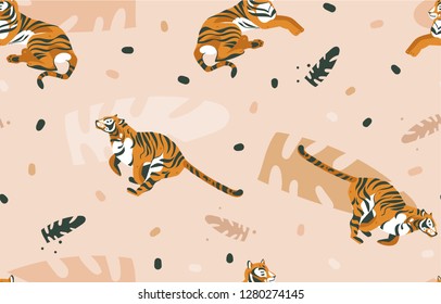 Hand drawn vector abstract cartoon modern graphic African Safari Nature illustrations art collage seamless pattern with tigers animals and tropical palm leaves isolated on color brown background