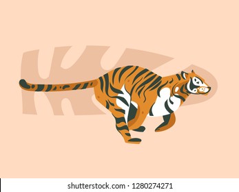 Hand drawn vector abstract cartoon modern graphic African Safari Nature concept collage illustrations art card with tiger animal and tropical palm leaves isolated on pastel color background