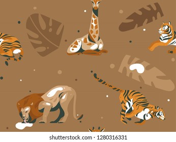 Hand drawn vector abstract cartoon modern graphic African Safari Nature illustrations art collage seamless pattern with giraffe,lion,tigers animals,tropical palm leaves isolated on color background