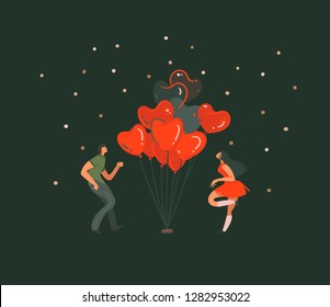 Hand drawn vector abstract cartoon modern graphic Happy Valentines day concept illustrations art card with dancing couples people together,hearts hot air baloons isolated on black background