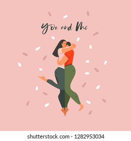 Hand drawn vector abstract cartoon modern graphic Happy Valentines day concept illustrations art card with dancing couples people together and You and Me text isolated on pastel background