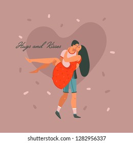 Hand drawn vector abstract cartoon modern graphic Happy Valentines day concept illustrations art card with dancing couples people together and text isolated on pastel background