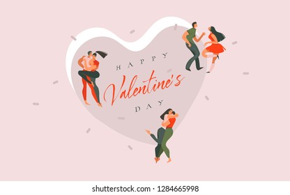 Hand drawn vector abstract cartoon modern graphic Happy Valentines day concept illustrations art card with dancing couples people together isolated on colored background