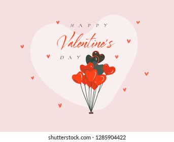Hand drawn vector abstract cartoon modern graphic Happy Valentines concept illustrations art card with heart hot air balloons and Happy Valentines day text isolated on pink pastel background