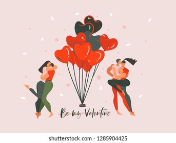 Hand drawn vector abstract cartoon modern graphic Happy Valentines concept illustrations art card with dancing couple people together and Be my Valentine text isolated on pink pastel background