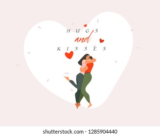 Hand drawn vector abstract cartoon modern graphic Happy Valentines concept illustrations art card with hugging couple people together and Hugs and Kisses text isolated on pink pastel background