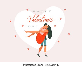 Hand drawn vector abstract cartoon modern graphic Happy Valentines concept illustrations art card with dancing couple people together and Happy Valentines day text isolated on pink pastel background