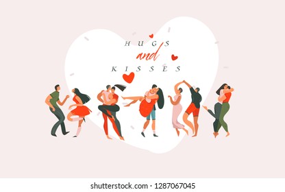 Hand drawn vector abstract cartoon modern graphic Happy Valentines day concept illustrations art card with dancing couples people together isolated on colored background