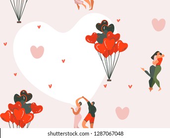 Hand drawn vector abstract cartoon modern graphic Happy Valentines day concept illustrations art seamless pattern with dancing couples people together isolated on pink pastel color background