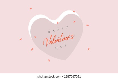 Hand drawn vector abstract cartoon modern graphic Happy Valentines day concept illustrations art card with simple hearts shapes and Happy Valentines daty text isolated on colored background