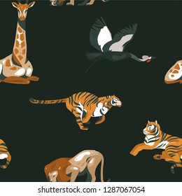 Hand drawn vector abstract cartoon modern graphic African Safari Nature illustrations art collage seamless pattern with tigers,lion and crane bird isolated on black background