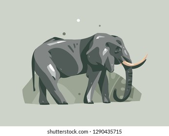 Hand drawn vector abstract cartoon modern graphic African Safari Nature concept collage illustrations art card with elephant animal and tropical palm leaves isolated on pastel color background
