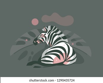 Hand drawn vector abstract cartoon modern graphic African Safari Nature concept collage illustrations art print with zebra animal and tropical palm leaves isolated on dark color background